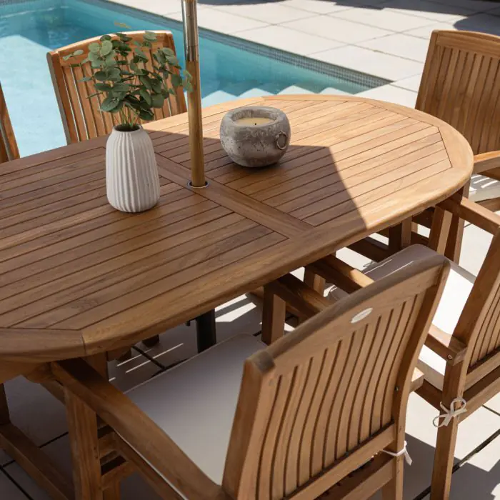 1.9m Teak Oval Pedestal Table with 6 Marley Chairs - 15