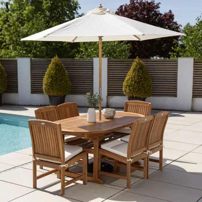 1.9m Teak Oval Pedestal Table with 6 Marley Chairs - 7