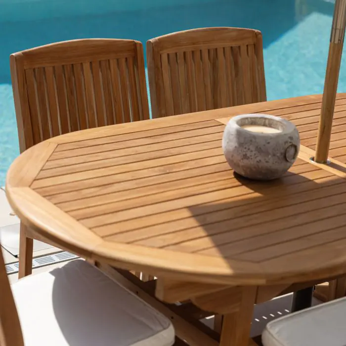 1.9m Teak Oval Pedestal Table with 6 Marley Chairs - 10