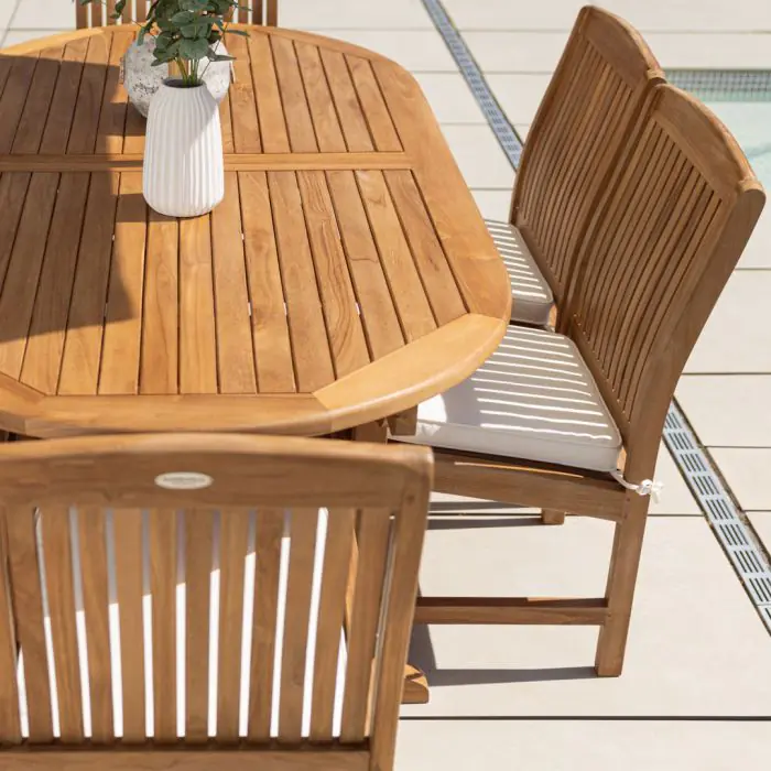 1.9m Teak Oval Pedestal Table with 6 Marley Chairs - 9