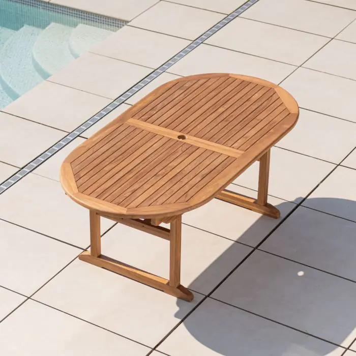 1.9m Teak Oval Pedestal Table with 6 Kiffa Folding Chairs and 2 Armchairs  - 1