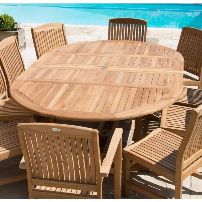 1.5m x 1.5m-2.3m Teak Circular Double Extending Table with 10 Marley Chairs - 3