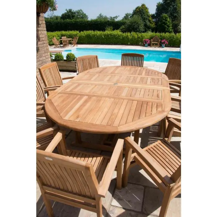 1.5m x 1.5m-2.3m Teak Circular Double Extending Table with 10 Marley Chairs - 6