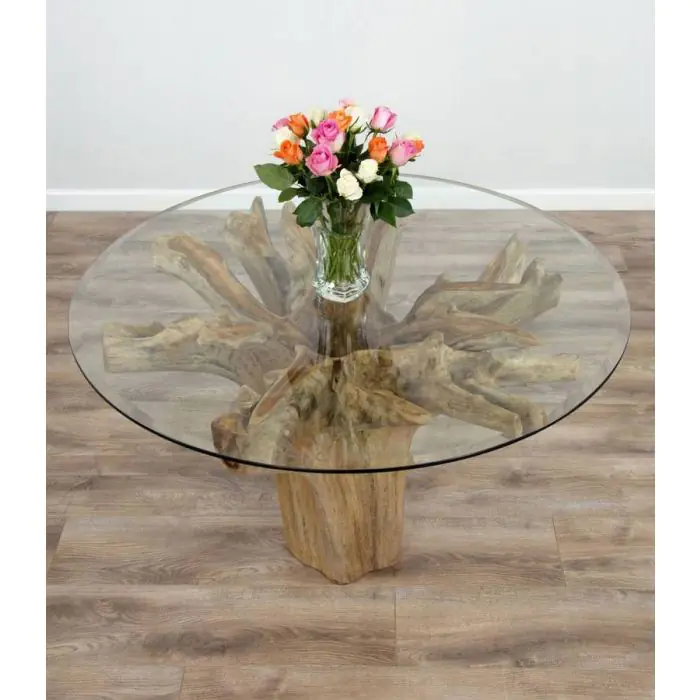1.2m Reclaimed Teak Flute Root Circular Dining Table with 4 Latifa Dining Chairs - 17