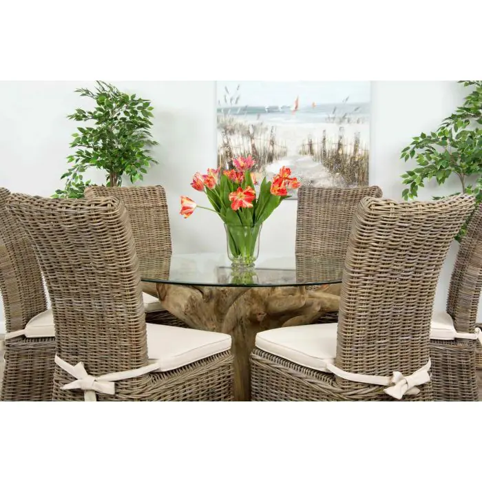 1.2m Reclaimed Teak Flute Root Circular Dining Table with 4 Latifa Dining Chairs - 10