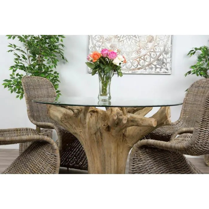 1.2m Reclaimed Teak Flute Root Circular Dining Table with 4 Stackable Zorro Chairs - 1