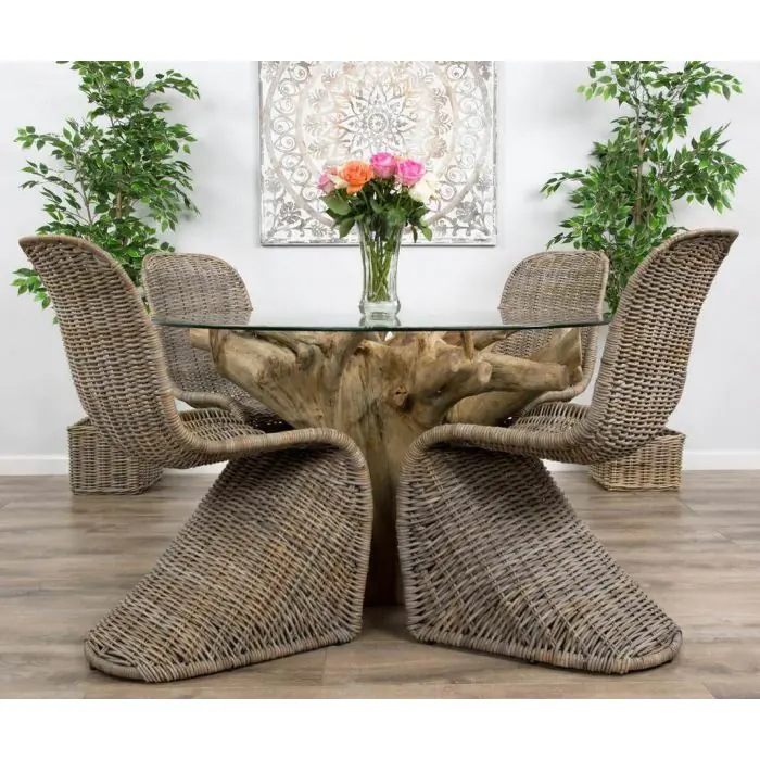 1.2m Reclaimed Teak Flute Root Circular Dining Table with 4 Stackable Zorro Chairs - 3