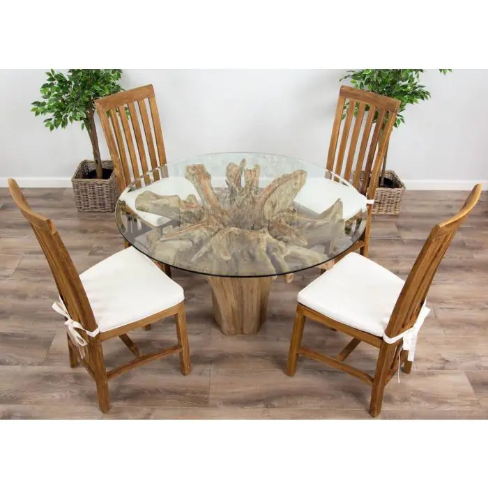 1.2m Reclaimed Teak Flute Root Circular Dining Table with 4 Santos Dining Chairs  - 5