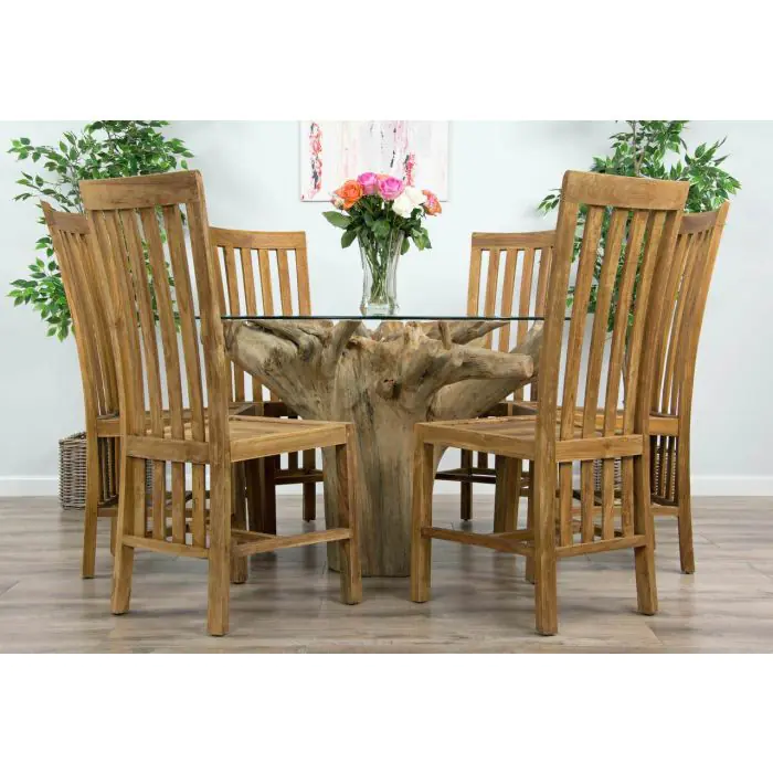 1.2m Reclaimed Teak Flute Root Circular Dining Table with 4 Santos Dining Chairs  - 8