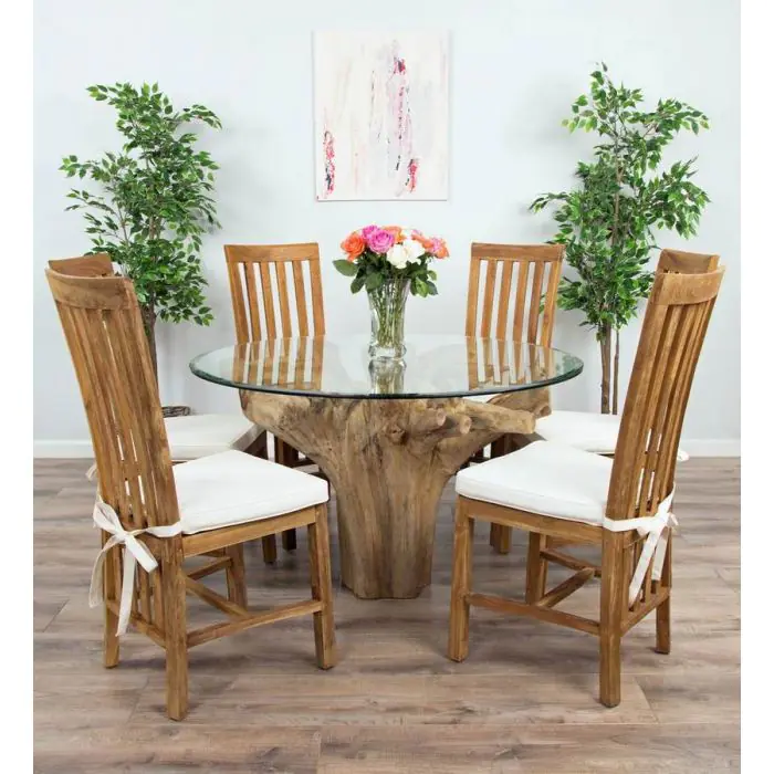 1.2m Reclaimed Teak Flute Root Circular Dining Table with 4 Santos Dining Chairs  - 11