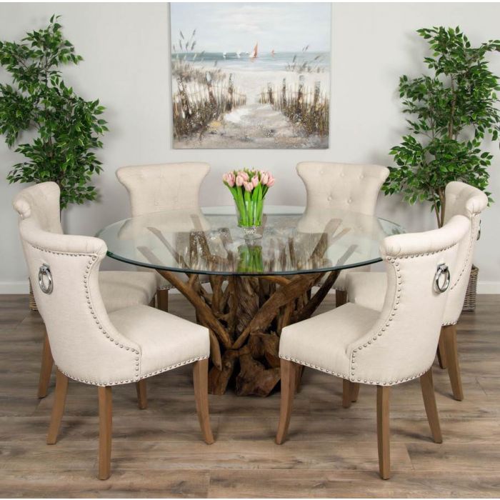 1.5m Reclaimed Teak Root Piece Circular Dining Table with 6 Natural Windsor Ring Back Chairs Sustainable Furniture