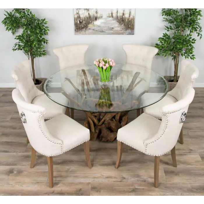 1.5m Reclaimed Teak Root Piece Circular Dining Table with 6 Windsor Ring Back Chairs - 8