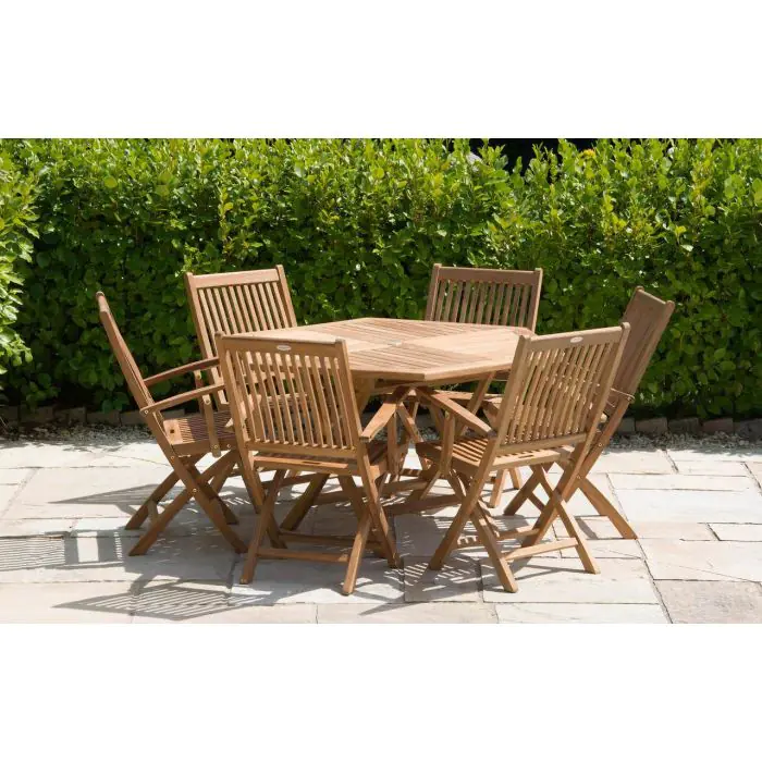 1.2m Teak Hexagonal Folding Table with 6 Kiffa Folding Chairs - 2
