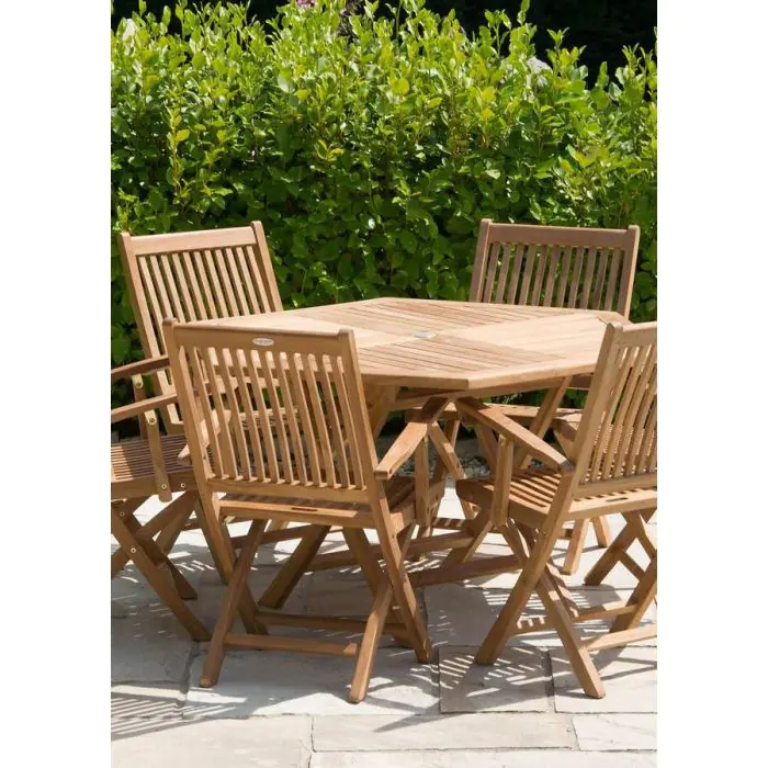 1.2m Teak Hexagonal Folding Table with 6 Kiffa Folding Chairs - 1