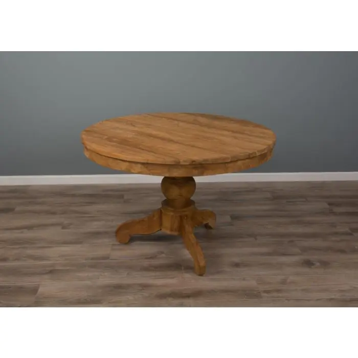 1.2m Reclaimed Teak Circular Pedestal Dining Table With 6 Santos Dining Chairs - 4