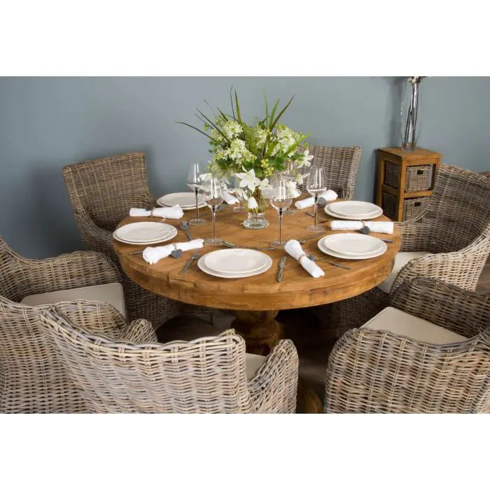 1.2m Reclaimed Teak Circular Pedestal Dining Table with 6 Donna Armchairs - 1