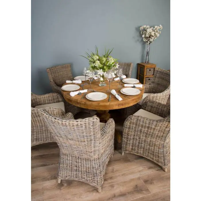 1.2m Reclaimed Teak Circular Pedestal Dining Table with 6 Donna Armchairs - 3