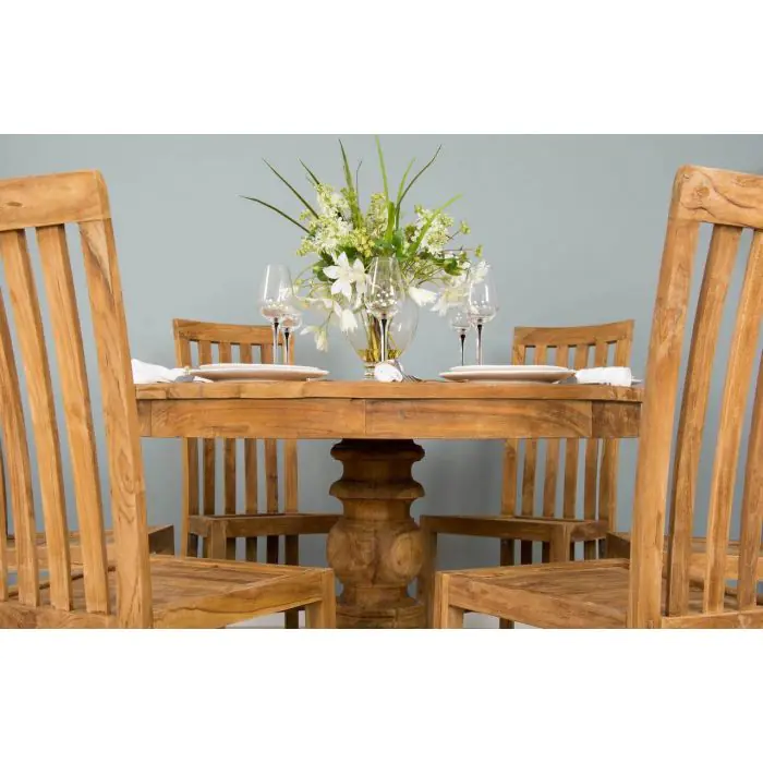1.2m Reclaimed Teak Circular Pedestal Dining Table With 6 Santos Dining Chairs - 3