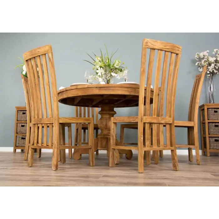 1.2m Reclaimed Teak Circular Pedestal Dining Table With 6 Santos Dining Chairs - 1