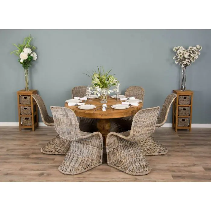 1.2m Reclaimed Teak Circular Pedestal Dining Table with 6 Stackable Zorro Chairs - 2