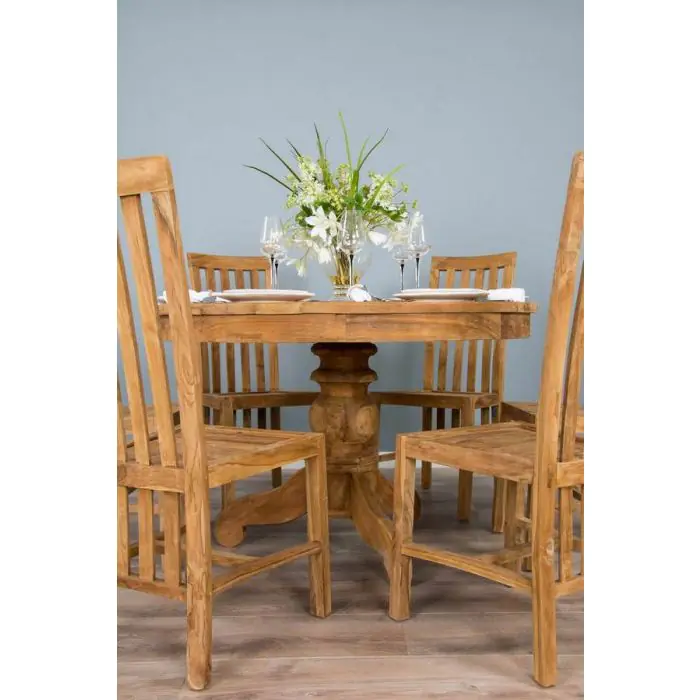 1.2m Reclaimed Teak Circular Pedestal Dining Table With 6 Santos Dining Chairs - 2