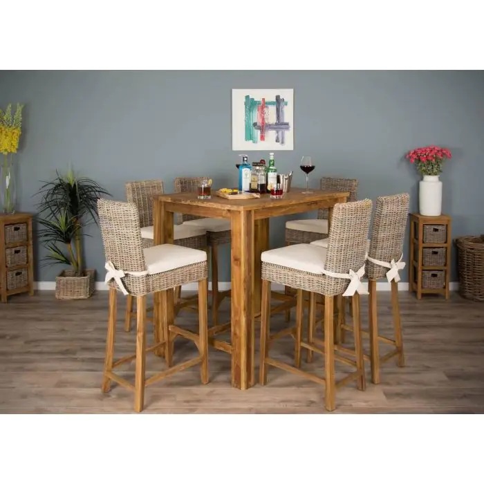 1.2m Rectangular Reclaimed Teak Bar Table with 6 Kubu Wicker Bar Stools - 1