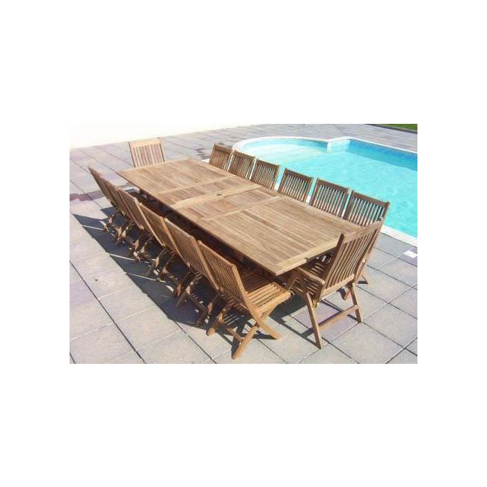 1.2m x 2.4m 3.2m Teak Rectangular Double Extending Table with 12 Kiffa Folding Chairs 2 Harrogate Recliners