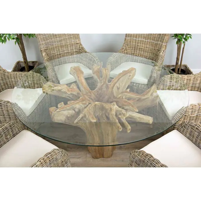 1.5m Reclaimed Teak Flute Root Circular Dining Table with 6 Donna Armchairs - 4