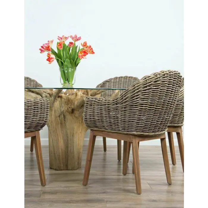 1.5m Reclaimed Teak Flute Root Circular Dining Table with 6 Scandi Armchairs  - 6