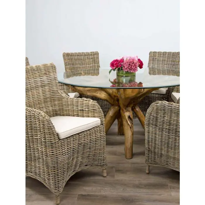 1.5m Reclaimed Teak Root Circular Dining Table with 6 Donna Armchairs - 4