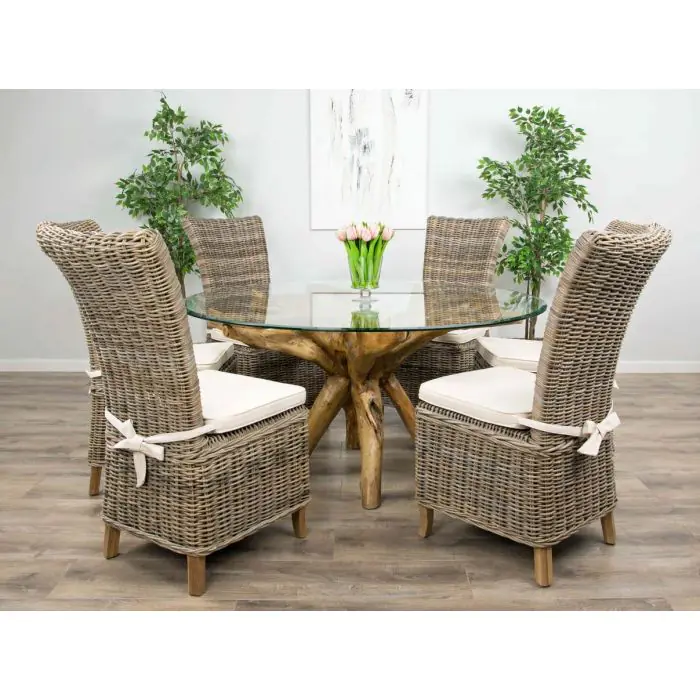 1.5m Reclaimed Teak Root Circular Dining Table with 6 Latifa Chairs  - 0