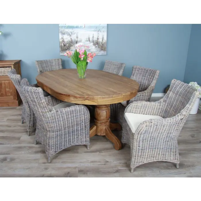 1.8m Reclaimed Teak Oval Pedestal Dining Table with 6 Donna Armchairs - 2