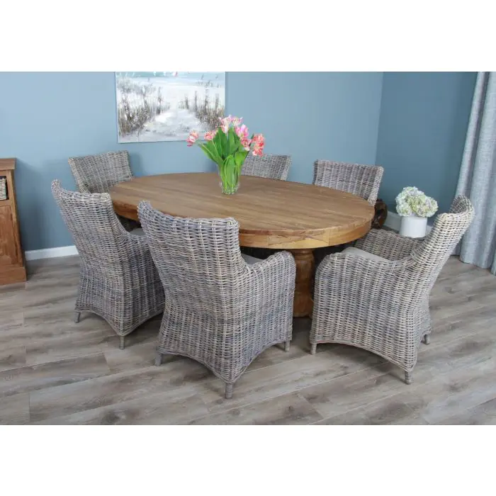 1.8m Reclaimed Teak Oval Pedestal Dining Table with 6 Donna Armchairs - 4