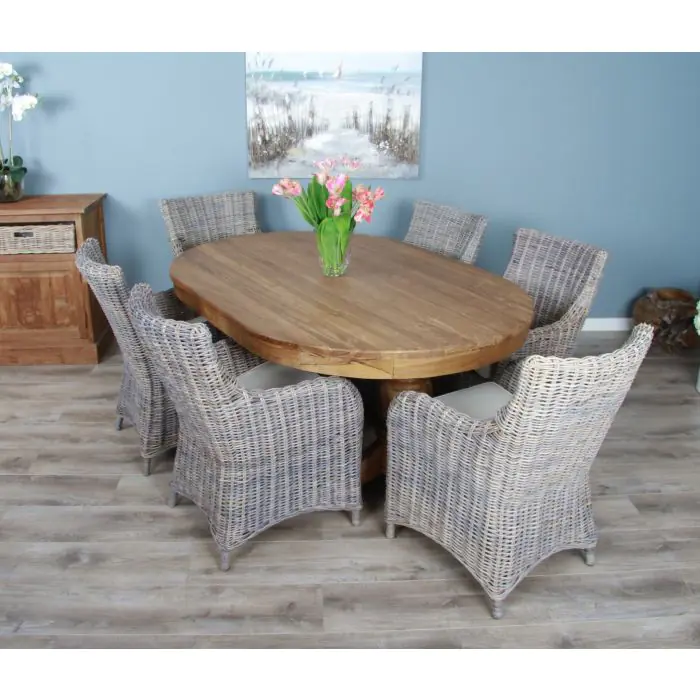 1.8m Reclaimed Teak Oval Pedestal Dining Table with 6 Donna Armchairs - 5