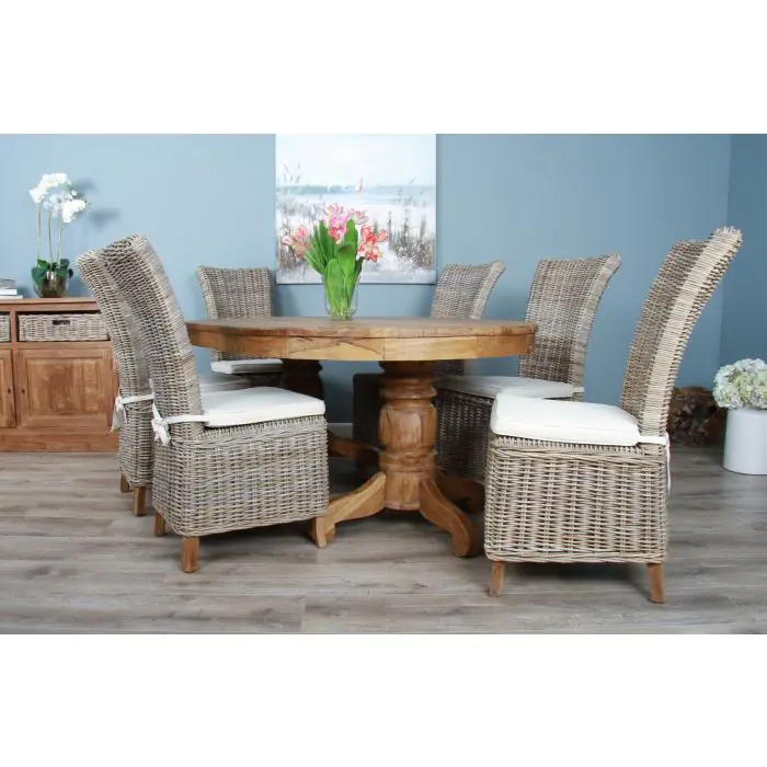 1.8m Reclaimed Teak Oval Pedestal Table with 6 Latifa Dining Chairs - 1