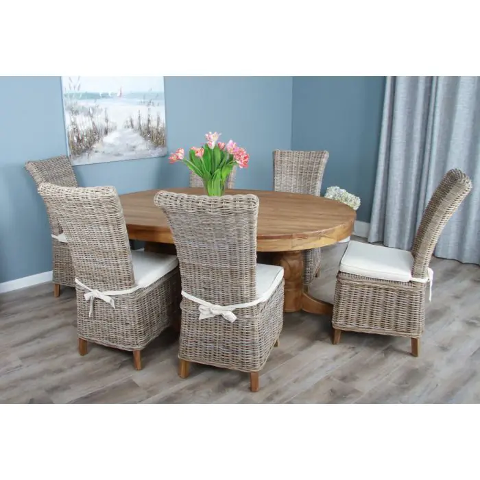 1.8m Reclaimed Teak Oval Pedestal Table with 6 Latifa Dining Chairs - 2