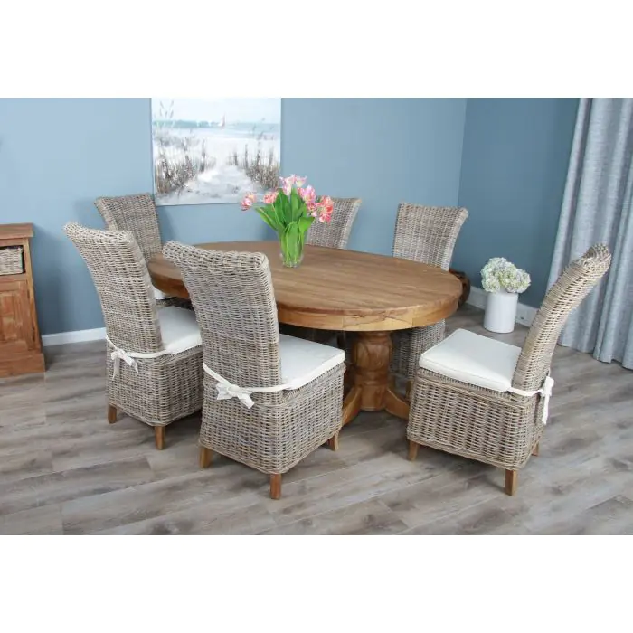 1.8m Reclaimed Teak Oval Pedestal Table with 6 Latifa Dining Chairs - 3