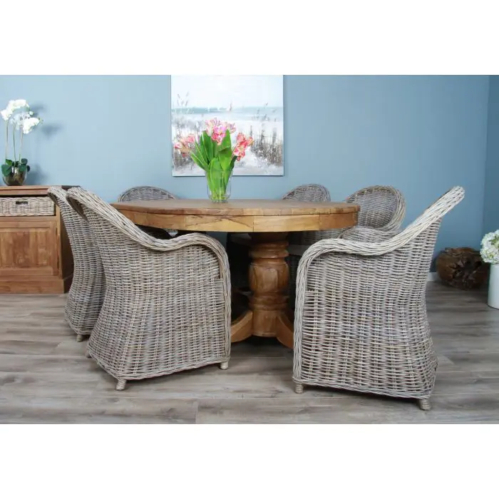 1.8m Reclaimed Teak Oval Pedestal Dining Table with 6 Riviera Chairs - 1