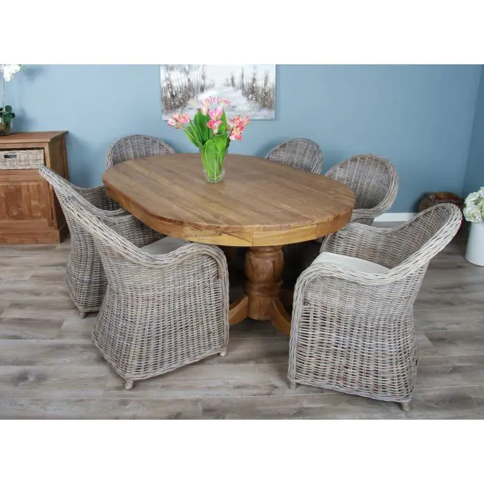 1.8m Reclaimed Teak Oval Pedestal Dining Table with 6 Riviera Chairs - 2