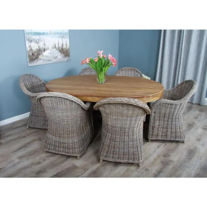 1.8m Reclaimed Teak Oval Pedestal Dining Table with 6 Riviera Chairs - 6