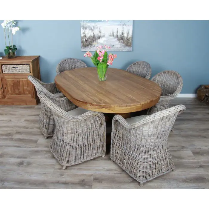 1.8m Reclaimed Teak Oval Pedestal Dining Table with 6 Riviera Chairs - 7