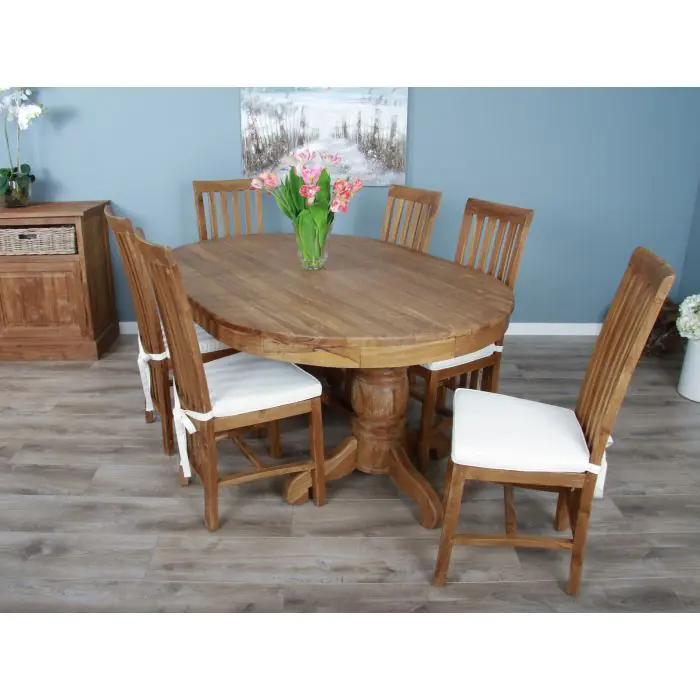 1.8m Reclaimed Teak Oval Pedestal Dining Table with 6 or 8 Santos Chairs - 1