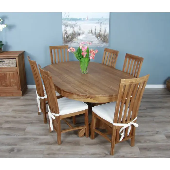 1.8m Reclaimed Teak Oval Pedestal Dining Table with 6 or 8 Santos Chairs - 3