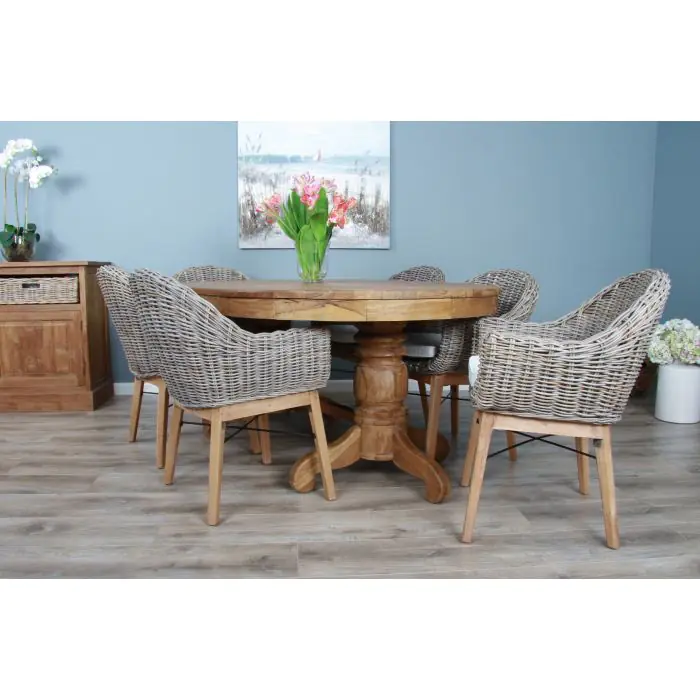 1.8m Reclaimed Teak Oval Pedestal Dining Table with 6 Scandi Armchairs  - 2