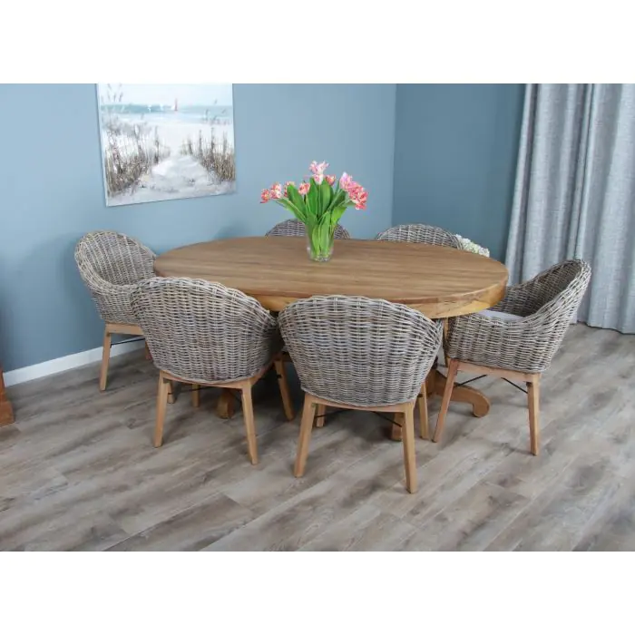 1.8m Reclaimed Teak Oval Pedestal Dining Table with 6 Scandi Armchairs  - 5