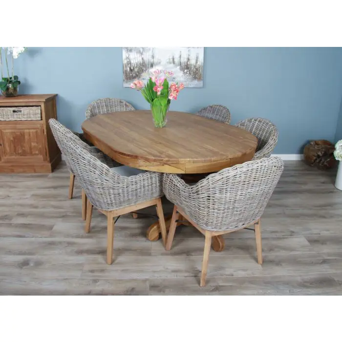 1.8m Reclaimed Teak Oval Pedestal Dining Table with 6 Scandi Armchairs  - 6