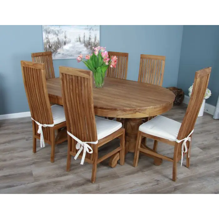1.8m Reclaimed Teak Oval Pedestal Dining Table with 6 Vikka Chairs  - 3