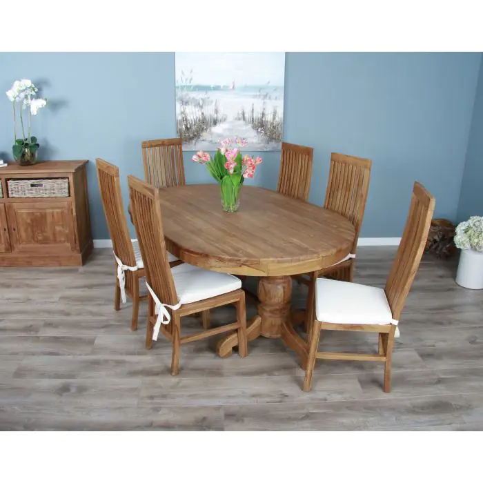 1.8m Reclaimed Teak Oval Pedestal Dining Table with 6 Vikka Chairs  - 5