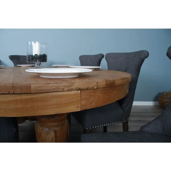 1.8m Reclaimed Teak Oval Pedestal Dining Table with 6 Windsor Ring Back Chairs  - 3