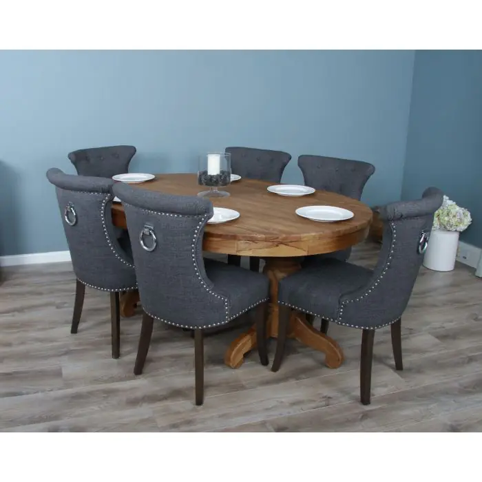 1.8m Reclaimed Teak Oval Pedestal Dining Table with 6 Windsor Ring Back Chairs  - 4